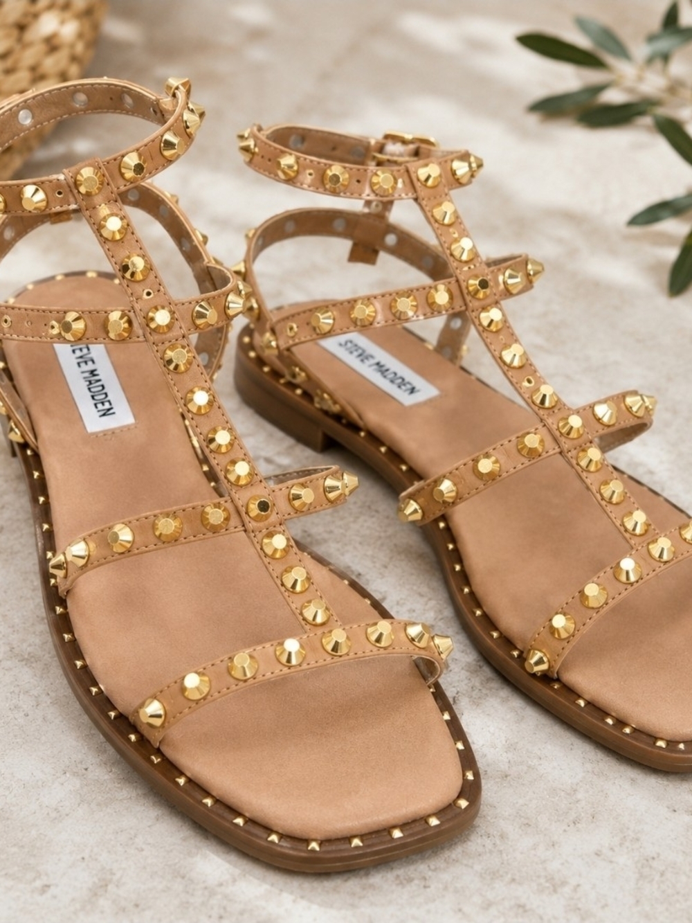 Steve Madden Tan Gladiator Sandals with Gold Studs